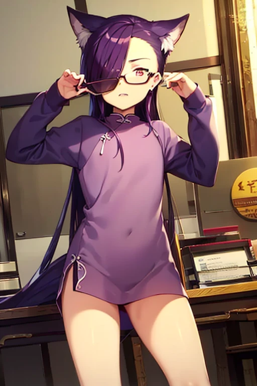 masterpiece, best quality, 1girl, solo, TwilightHuman, ponytail, purple eyes, glasses, pale skin, small breasts, naked body, nude, completely nude, cowgirl position, straddling, 1boy, 1girl, sex, penis, seductive smile, indoors, locker room, detailed hands, five fingers, female genitals
