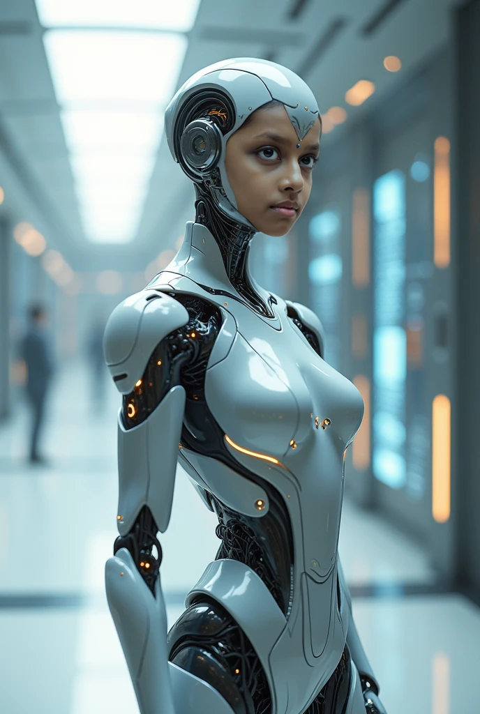 cyborg, science fiction, realistic, android, dark-skinned female, whole body, mechanical parts, robot braids<lora:CyborgsXL:1>
