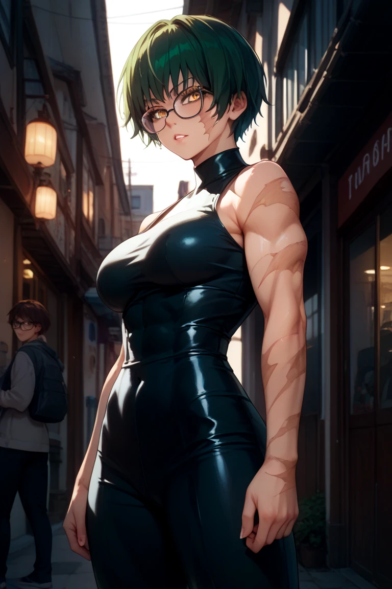 MakiShS1, solo, scar, short hair, 1girl, scar on face, looking at viewer, glasses, burn scar, green hair, sleeveless, belt, pants, bangs, cowboy shot, (from below:1.3), shirt, muscular, bandages, round eyewear, bandage over one eye, breasts, bare shoulders, closed mouth, muscular female, turtleneck, yellow eyes, black pants, black shirt, scar on arm, parted lips, black clothes, sleeveless shirt, large breasts, high-waist pants, outdoors, sky, blue sky, clouds, trees, buildings,   arms behind head, arms up, <lora:MakiShS1:0.8>
BREAK
masterpiece, best quality, highly detailed background, perfect lightingbest quality, ((shiny skin, glossy skin, detailed skin))