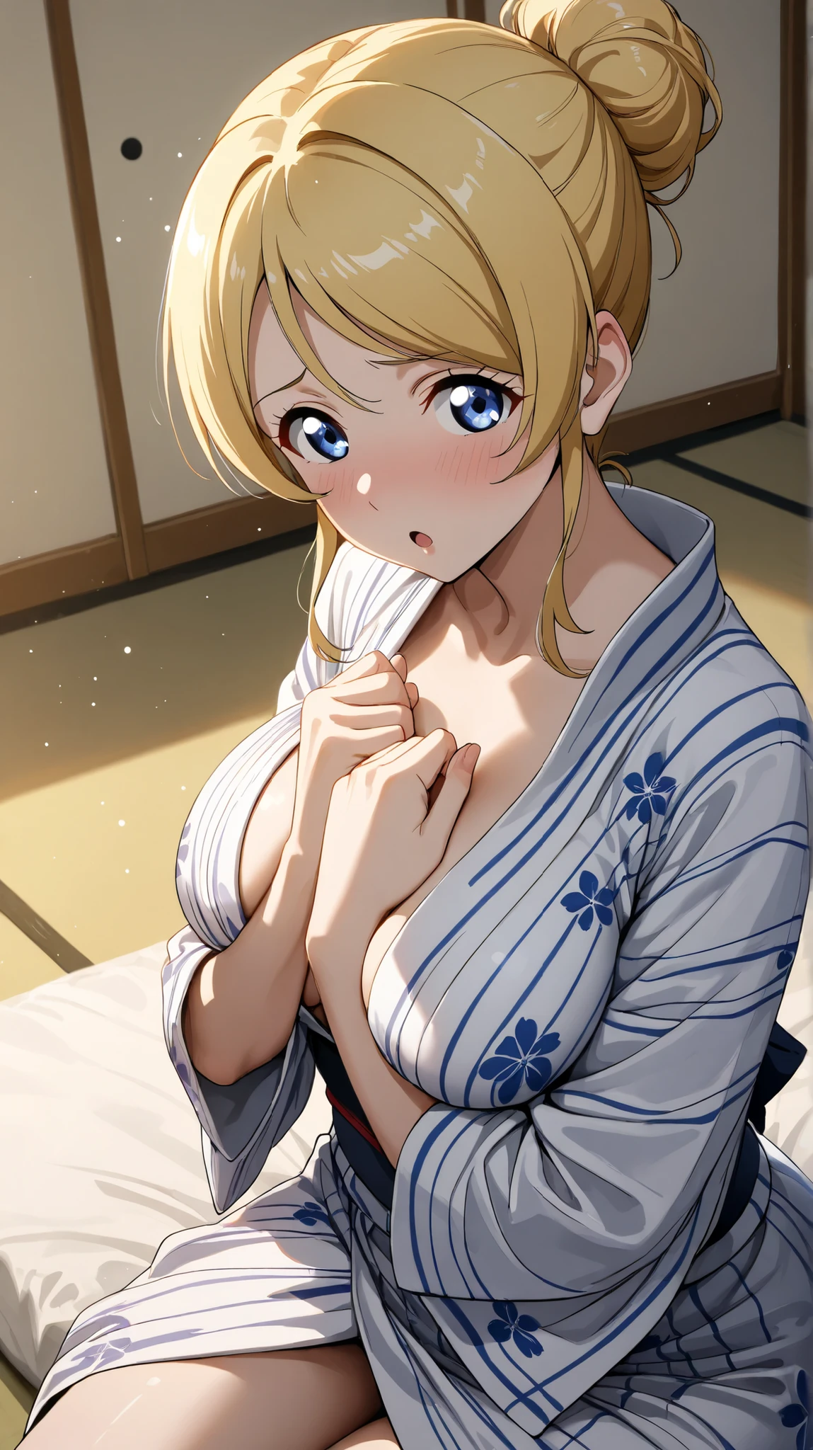 masterpiece, best quality, highres, high_definition, very long hair, a hotel, 1girl, solo, a woman in a sexy dress, sexy pose, blush, little smile, bangs, hair_between_eyes, purple eyes, blond hair, ponytail, medium_breasts, sexy, seductive pose, sexy pose, very long hair, Lying in bed, lingerie, sexy lingerie, yukata, touching breast,