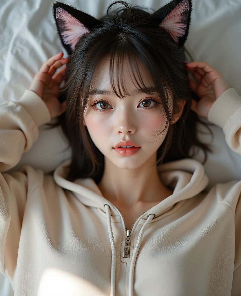 18 year old young woman, com face pura, pleading and joyful, redheadwear, Messy hair, greeneyes, breasts small,without clothes in the bed.