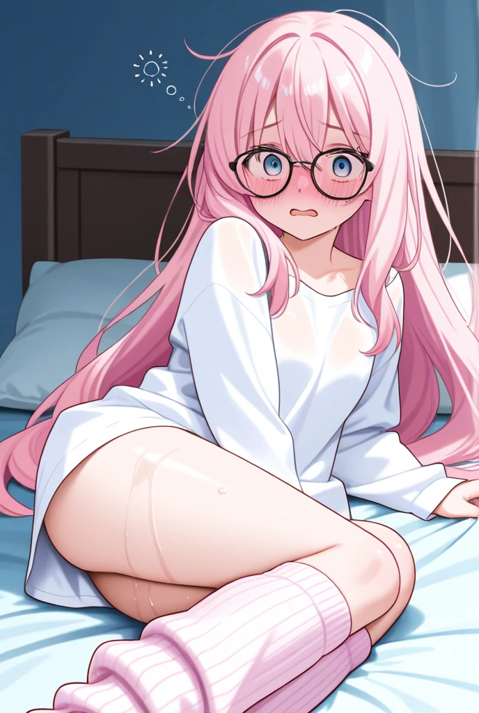 who is height 1.49 to bring money pink hair black glasses teary pink eyes an extremely blushing naked girl who is an extremely shy girl who has her bedroom She is on top of him his penis entering her vagina hands grab her butt while they put the penis that there is a little bleeding