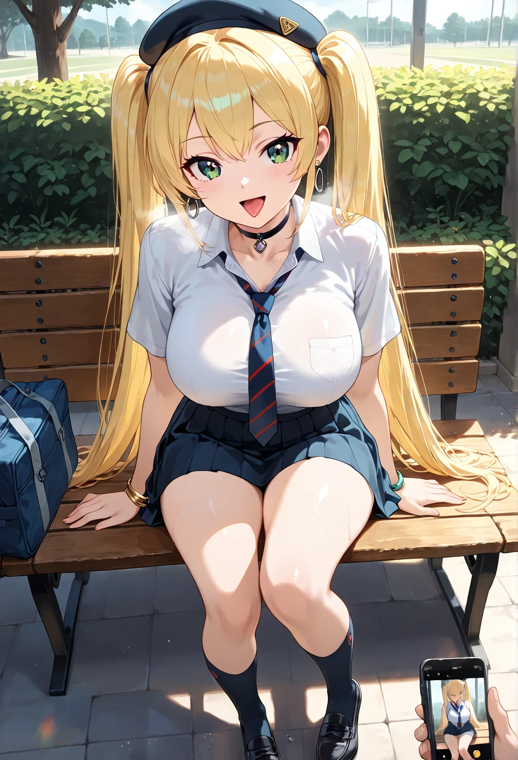 ((Whole body)),(masterpiece, Best Quality), 1 18 year old anime girl in scout clothes, neckline, mini skirt, big breasts about to eat a banana, opening his mouth in a park landscape, ((view from above))