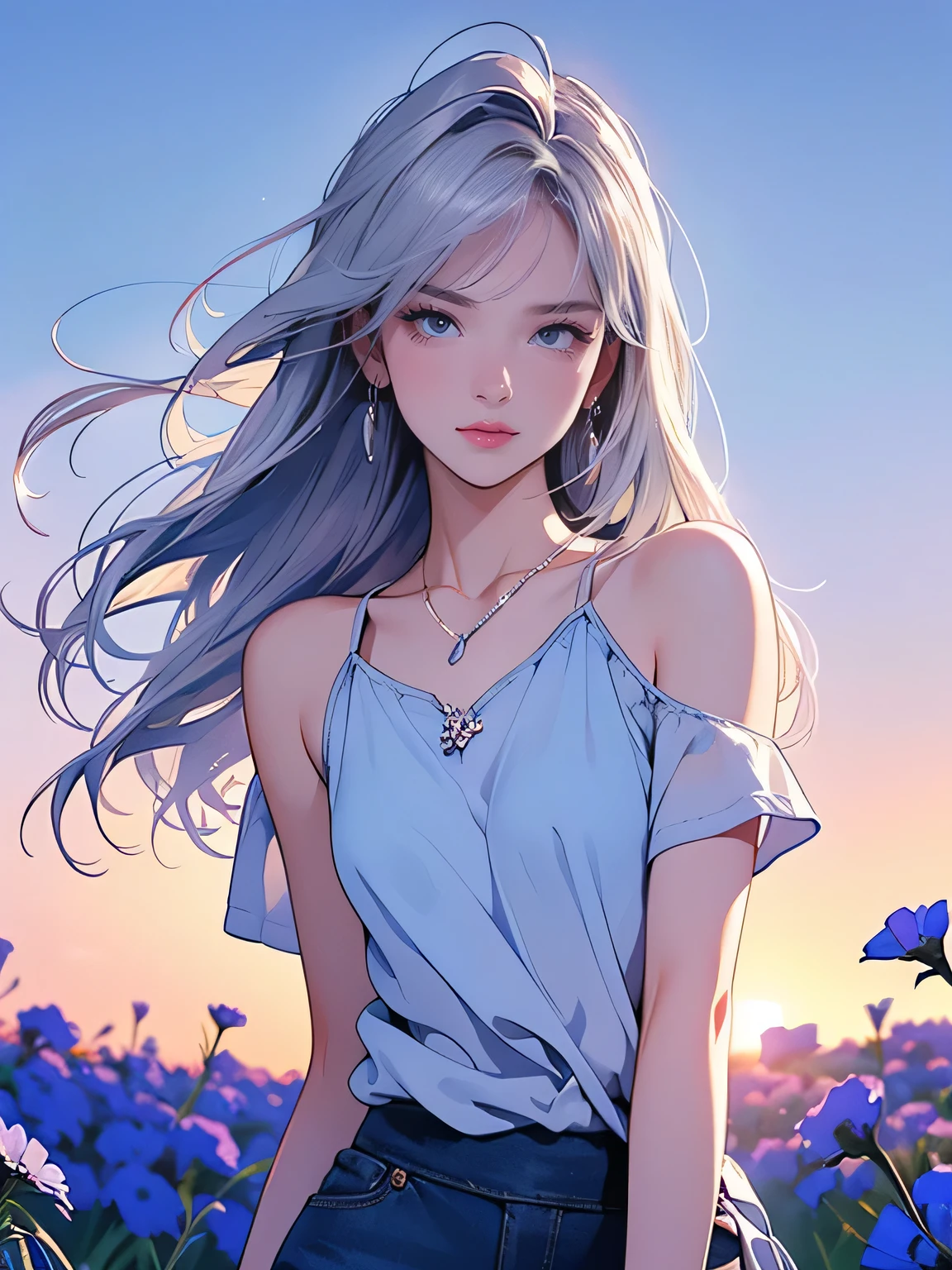 أنيميnsfw,animation、HD images、high definition、One woman、((Flower field at dusk))、Very beautiful sunset scene、((Bluish Silver Hair))、angry expression、Stern expression、muscular body、(small breasts)、((Bluish Silver Hair))、her hair is fluttering in the wind、((blue nemophila))、Brilliant Clear Camisole、white short tight skirt、silver pendant、(( women stand shyly ))、blue-purple sky 、sunset、Strong backlighting、field of nemophila on one side
