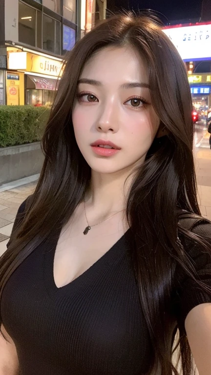 ((best qualtiy, 8K, tmasterpiece:1.3)), Sharp:1.2, perfect figure beautiful woman:1.4, Slim abs:1.2, ((Layered Hair Style, huge tit:1.3,cleavage:1.2)), (A long shirt with transparent wet black buttons:1.1),(Sateen,the street:1.2),Highly detailed facial and skin texture,A detailed eye,二重まぶた,Look sideways at the camera