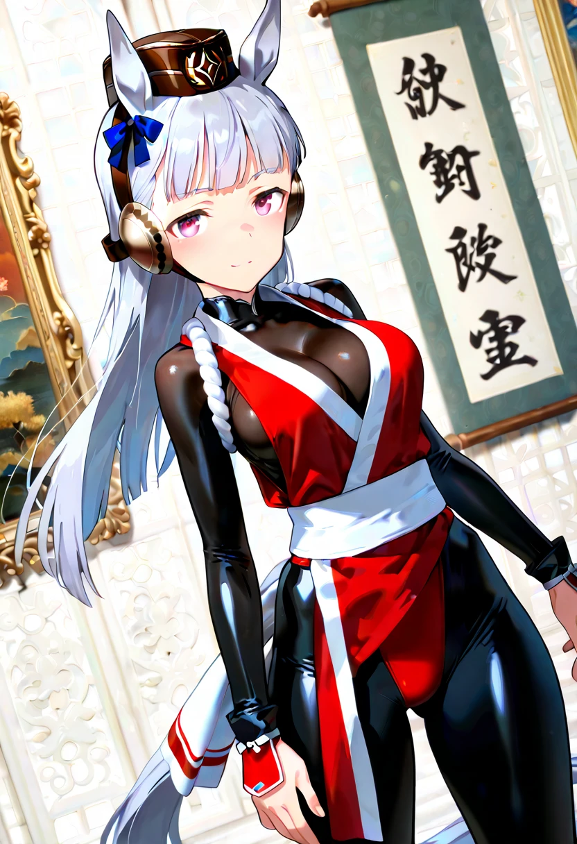 <lora:shiranui_mai_(cosplay)_v0.1:1> shiranui mai \(cosplay\),japanese clothes, cleavage, bare shoulders, pelvic curtain,, ultra detailed, masterpiece, best quality, aesthetic, detailed,, serious, 1girl, (white eyes:1.1), (grey eyes:1.3), white hair, very long hair, parted hair, parted bangs, <lora:parted_hair_v1.3:1.3>, medium breasts,