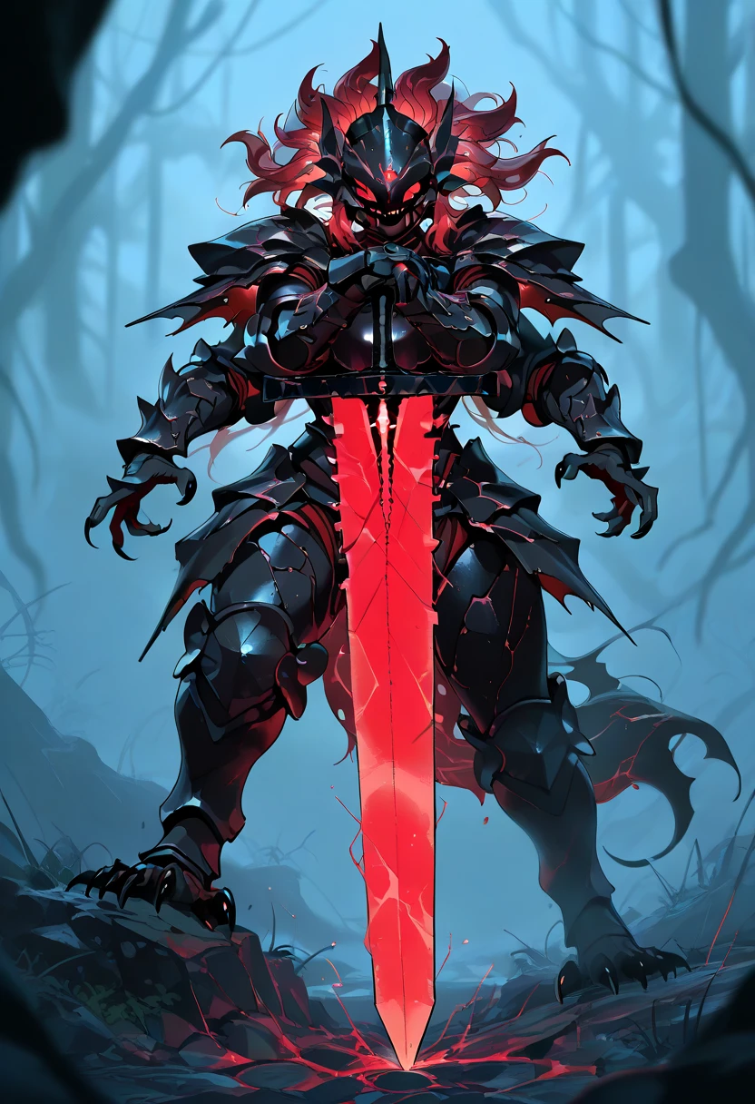 A dead corpse warrior in all-black armor and full of thorns, his arms praising the heavens in a world all dead and rotten