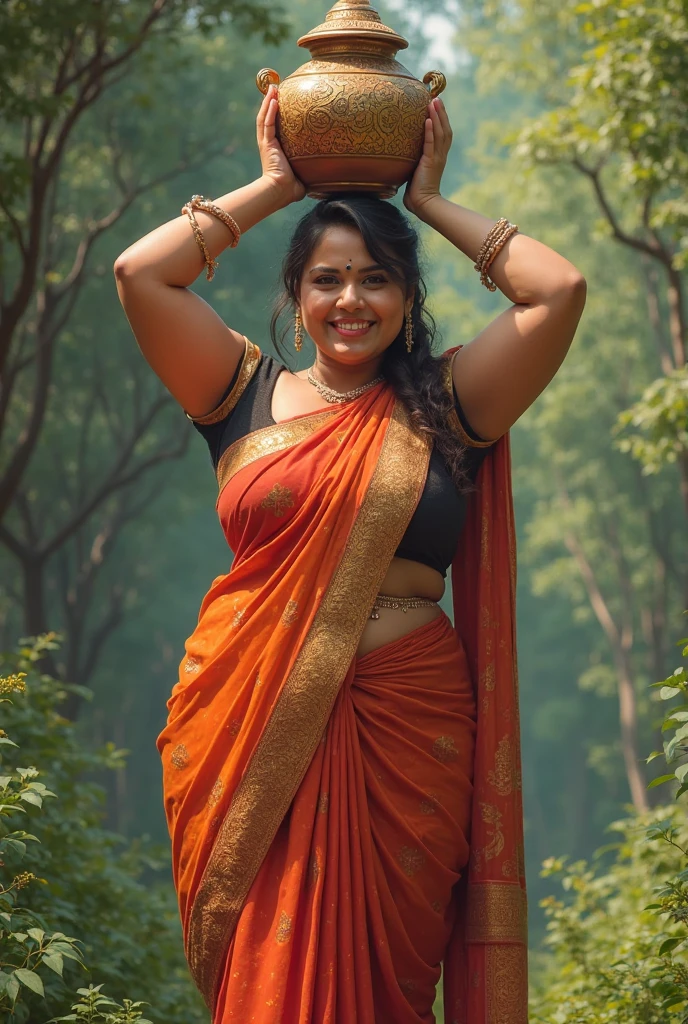 captivating, charming, 1woman, curvy figure, healthy and fleshy body, village woman, carrying woods from jungle, village clothing, green forest background, wearing only saree (sari), village life, working stills, retro village sari, Model photography featuring a curvy figure, inspired by Mohanan Manimala art, instagram post, showcases a sensual and bold woman with a modern sleeveless blouse. The model wears a designer saree and a designer sari, showcasing her attractive physique and pale skin. The image captures a captivating, lusty figure with detailed eyes and a deep, dark navel hole. The model is a hot and attractive figure, showcasing her perfect body, perfect face, and seductive expression, no other woman on the screen,