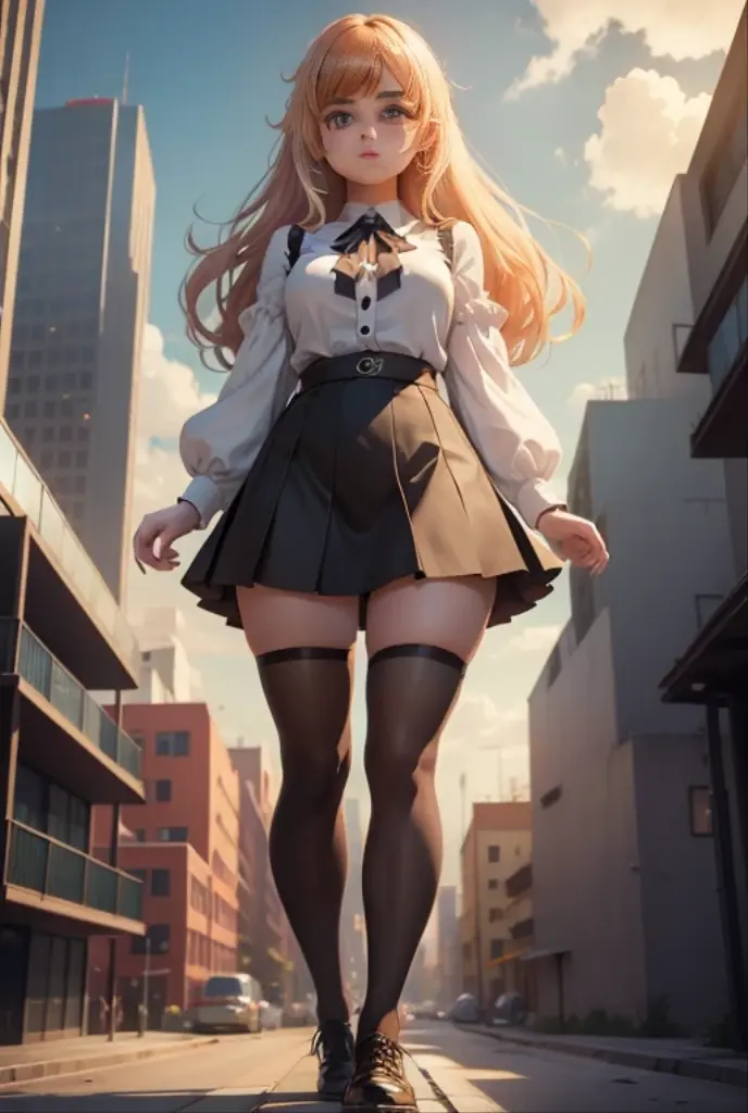 Giantess, On a tiny City, walking over tiny buildings at bottom, blouse, skirt, (tiny buldings at bottom), (cute perfect face, cute anime face), (big eyes), (masterpiece, digital art, high quality, high definition)