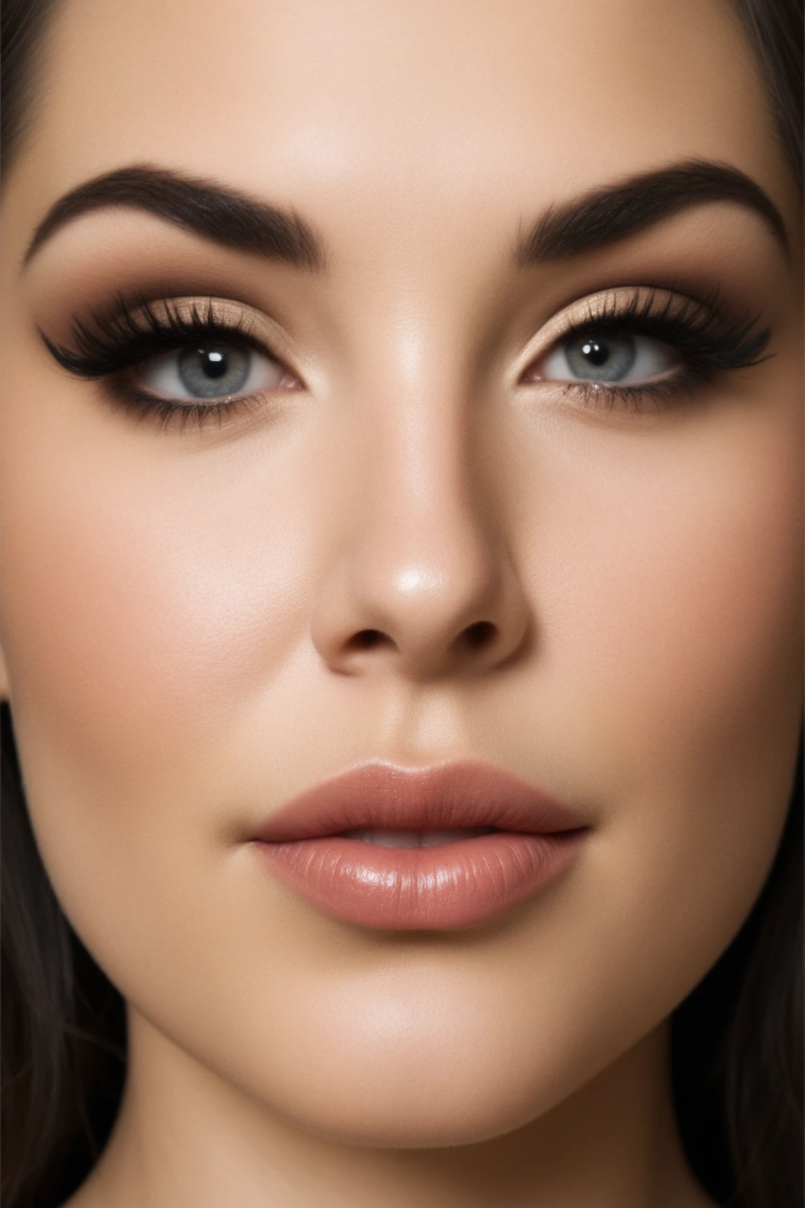 Bust photo of a beautiful brunette woman, very short straight black hair, light and cheerful round face, black eyes, thin lips and thin nose.
