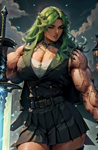 ((Close-up)), tall, (green hair) beautiful muscular woman, long curvy hair, light brown skinned, closed smile, (black lipstick), (massive muscles), (hyper muscle), (ginormous bulky muscles), glowing orange eyes, ((leather jacket and long pleated skirt)), (carrying a fire sword), choker, boots, night in a fire castle,