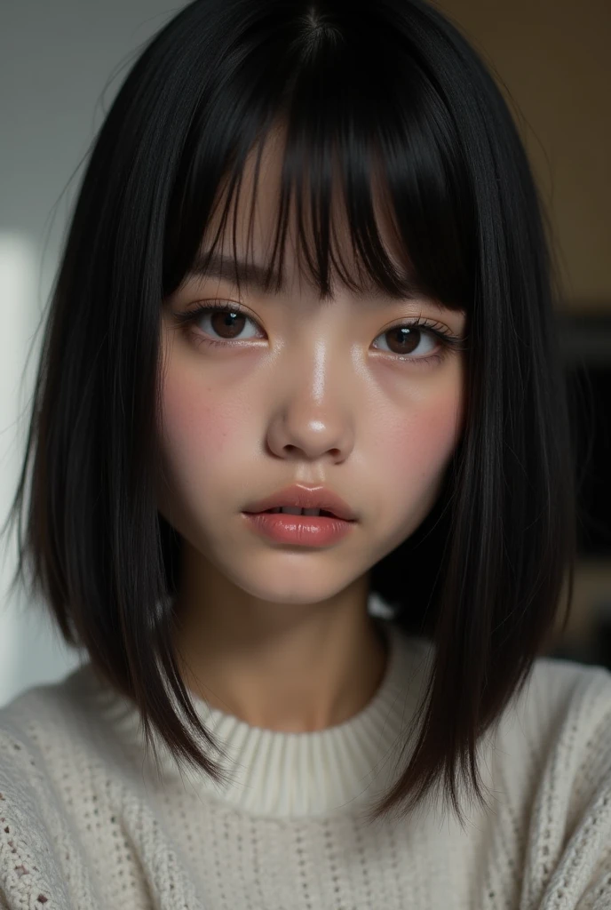 Amazing portrait of a sexy and cute woman with a beautiful face with black brown long straight hair and weak eyes while blushing intensely and her lips are parted being ready to kiss wearing a long oversized white shirt