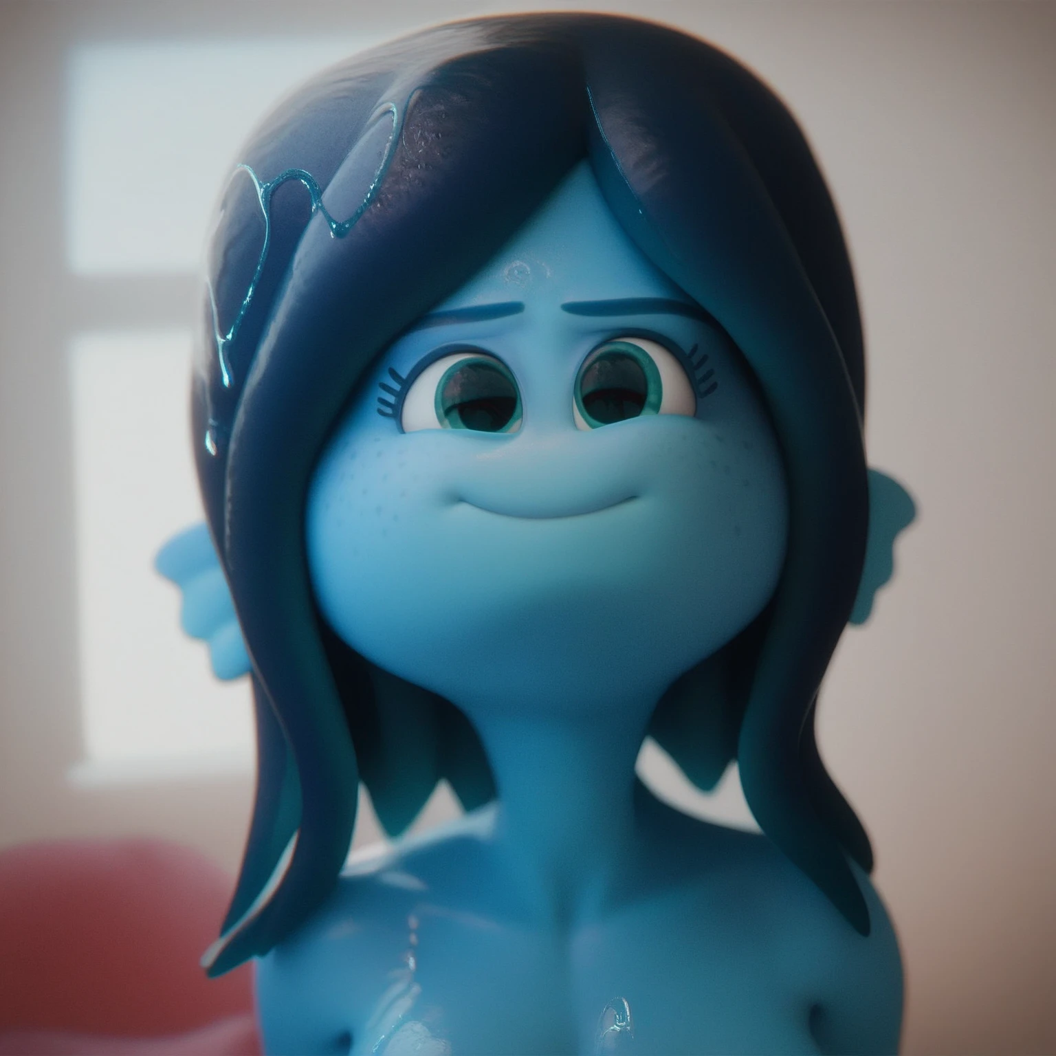 masterpiece, best quality, (Sadness_InsideOut , black-framed eyewear,  glasses, sadness ),   colored glowing spheres, pixar, cartoon, 3d render, sfw, sexy, nude body, naked, pussy, nipples, midget, curvy 