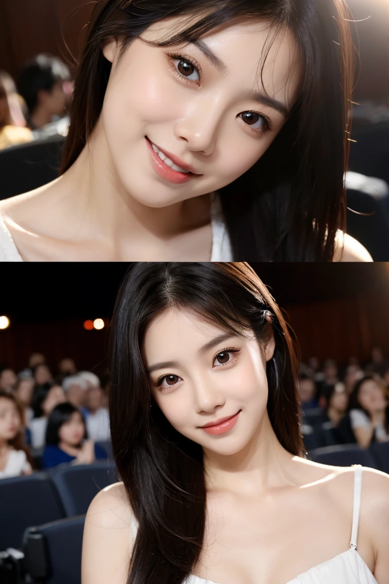 ((top-quality、masutepiece、8K、Top image quality、Hyper-Realism, full body)) The Biggest Smile、white big teeth、korean idol makeup、long eyelashes、View me、smile your best smile, Bright lighting, hyper realistic, photoreal, sweet dress, perfect make up, travel, romantic big curl