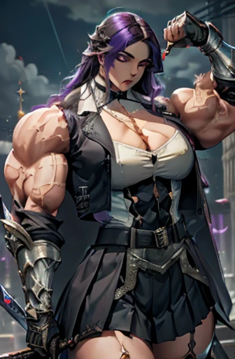 ((Close-up)), tall, (violet purple hair) beautiful muscular woman, long hair with long bangs, pale white skinned, closed smile, (black lipstick), (massive muscles), (hyper muscle), (ginormous bulky muscles), glowing black eyes, ((leather jacket and long pleated skirt)), (carrying a fire sword), choker, boots, night in a fire castle,