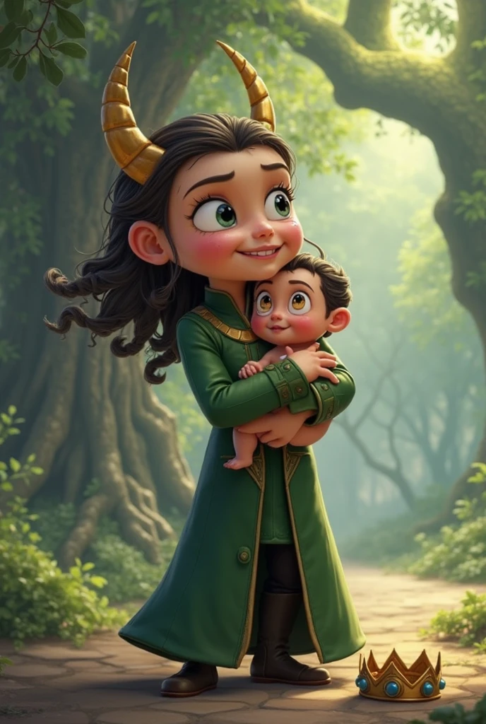 fighting stars, female character, baby, very short brown hair, many curls, black gothic clothing, large eyes, bright green dencolot, , Moana style, Appearance