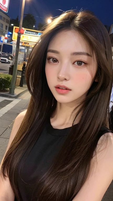 Realistic, high resolution:1.3), 1 fille avec un corps parfait, Visage et yeux super fins,cheveux long in city korea