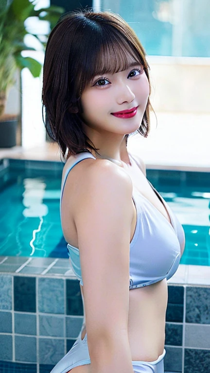 Highest quality、masterpiece、detailed、Two people、、sexy、Poolside、Night view、smile、Big Breasts、back、Dynamic pose
