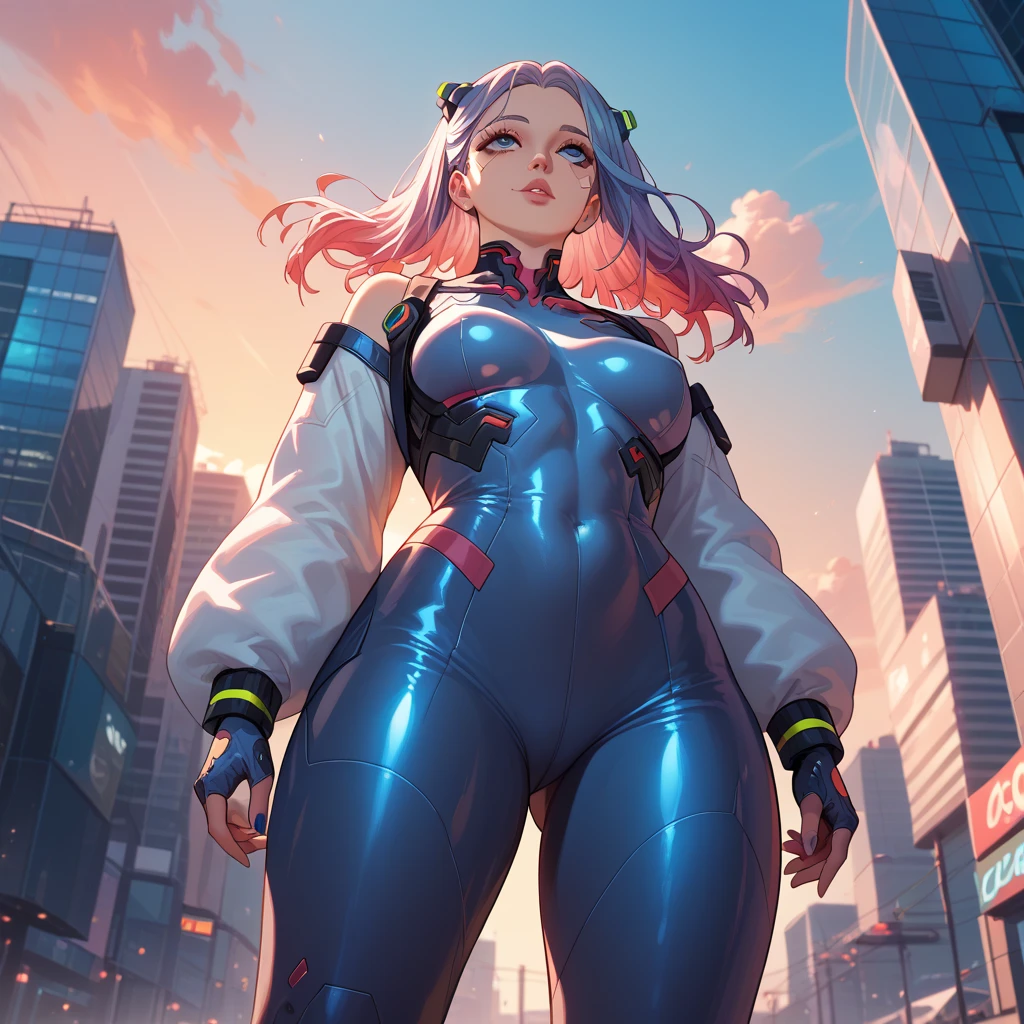 d.She is beautiful, sexy and sensual, with huge breasts and big hips, a small waist, wearing her royal blue suit with pink and white in the background, a futuristic city with neon lights.