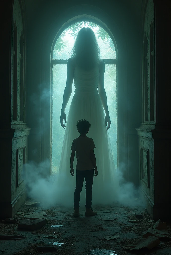  Beautiful girl with black hair white clothes round to our back and long scary nails stained with blood . Without shoes .You stand and look at a man with a cane looking at a dead body.