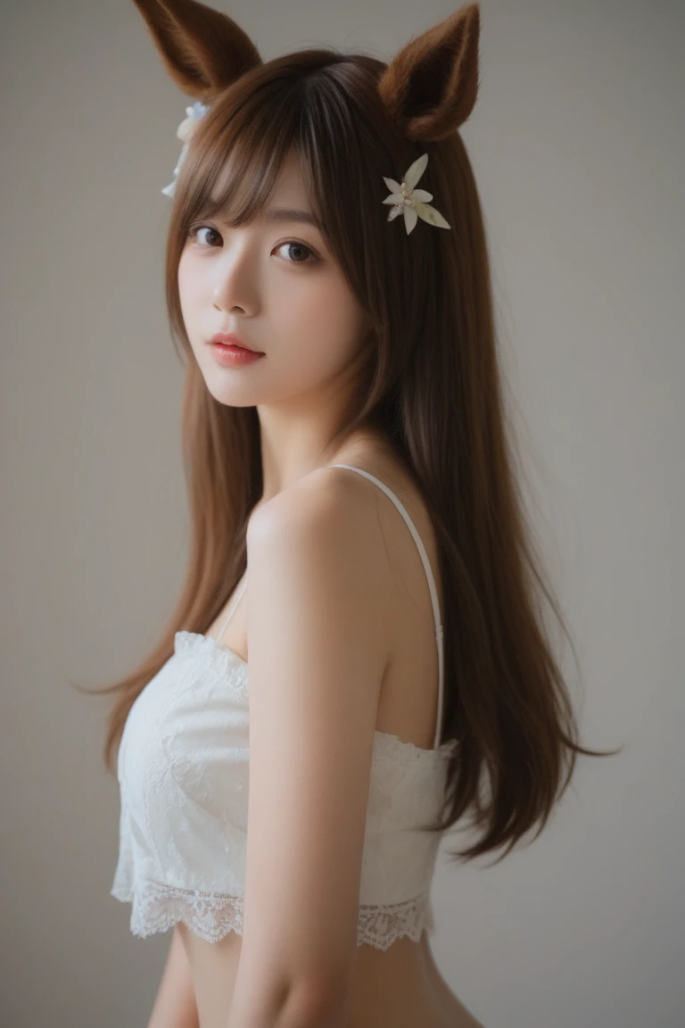 A beautiful Japanese girl is depicted in a vertical, ultra-realistic illustration. She has short, light-colored hair that frames her delicate face, with her eyes closed in a serene expression. She wears a thin, translucent dress with a subtle floral pattern, the fabric gently clinging to her form. The soft lighting highlights her smooth skin and the delicate textures of the dress, creating a dreamy, ethereal atmosphere.
The background is minimalistic and light, emphasizing the girl's calm and peaceful demeanor. The artist employs digital painting techniques to achieve high detail and realism, particularly in the rendering of her hair, skin, and the semi-transparent fabric of the dress. The use of soft gradients and subtle shadows enhances the sense of depth and realism, making the image both captivating and serene.