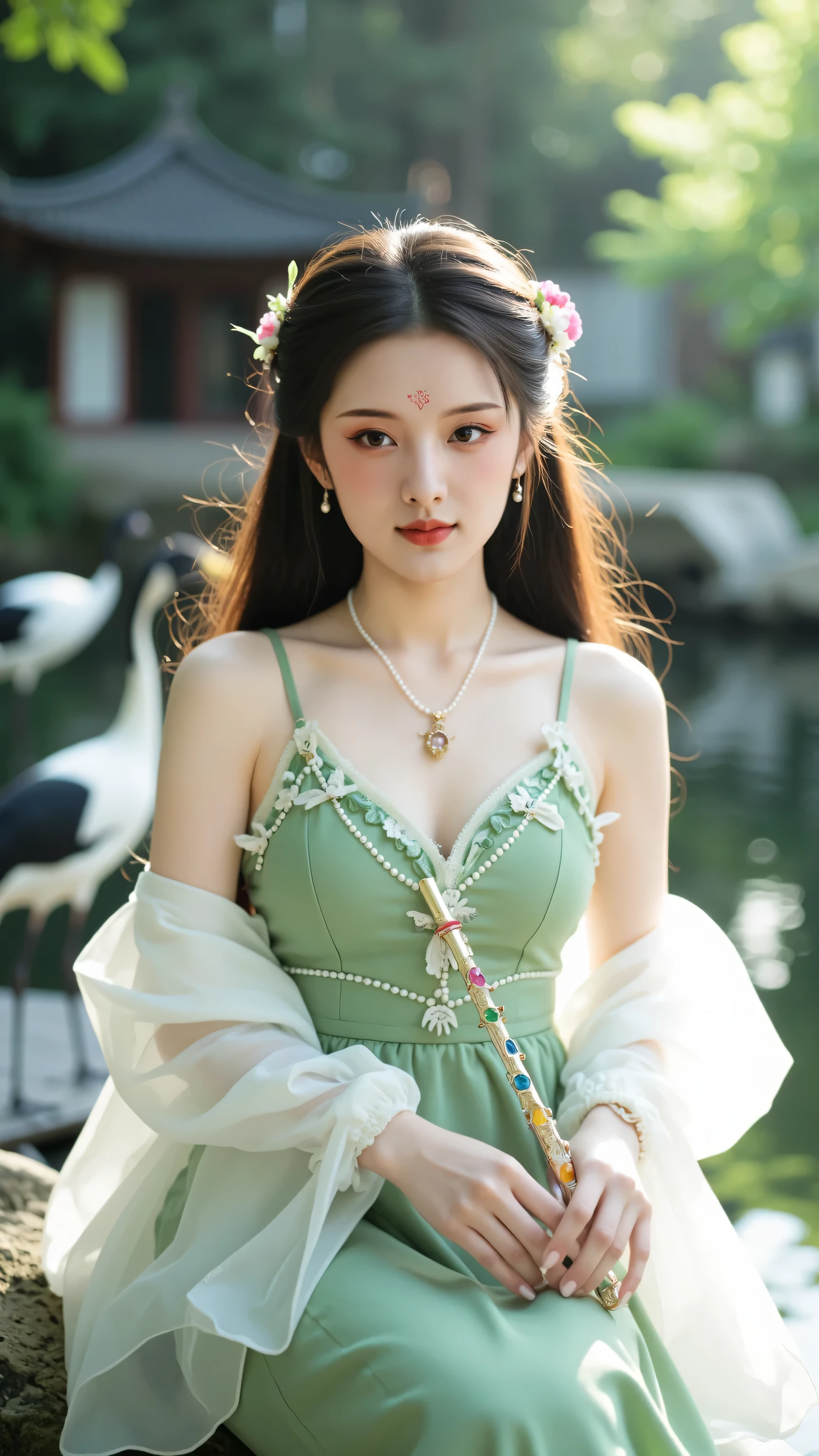 Prompt word:
character name:Horai Fairy,Surreal romantic idea photo photo in 32k quality,Ultra HD, the best picture quality,Close-up front face portrait,Looking at the camera,Laughing Bai Meisheng。, dynamic and beautiful atmosphere。Appearance and Face Shape Main Features:full breasts, shoulder tilt 20 degrees ,Delicate and smooth skin。There are marks on the forehead。background:Three Immortal Cave,The island is full of clouds and fog all year round,It is covered with exotic flowers and plants,Beautiful and dreamy light,Picture Superb。
costume:Light Green Fairy Dress,Shouldercloth, lightweight white sand,Wear pearl jewelry and colorful necklaces
Hairstyle: long hair to the waist,Wear delicate hair accessories
Props:手握镶嵌彩色宝石的长笛
background:A fantasy wonderland,background有晶莹剔透的树木、} Flowers and pavilions,Two black and white cranes stand on an underwater boat
Ambience:peaceful、 Mystery、is beautiful
Light:soft,Fairy Light
Description:
"一位身着Light Green Fairy Dress的仙子站立在梦幻般的仙境中,Wearing a light white yarn,wearing exquisite pearl jewelry and colored necklaces, long hair to the waist并点缀着精美的发饰。She holds a flute inlaid with colored gemstones,background是一片晶莹剔透的仙境,There are beautiful trees、flowers and a quaint pavilion,Two elegant cranes stand on a boat in the water,整个画面充满了peaceful、 Mystery与唯美的氛围,光线soft,full of fairy spirit。"