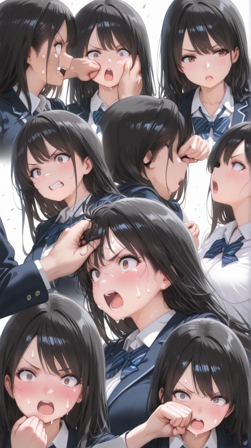 (high resolution),(high resolution),(High definition),(8K),yoshizuki_iori、School_uniform_Purple_shirt_Blue_skirt_White_neckerchief_Black_thighhighs、In the storeroom、Kneel、Sperm on face、A lot of sperm、Top view、