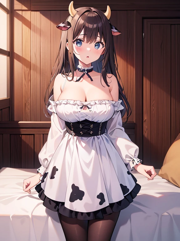 kashino, cow_horns,maid outfit, 5girl, solo,huge breasts, lifted by self, (micro panties),blush,gorin,indoors,bedroom,skirt lift, white_panties, NSFW