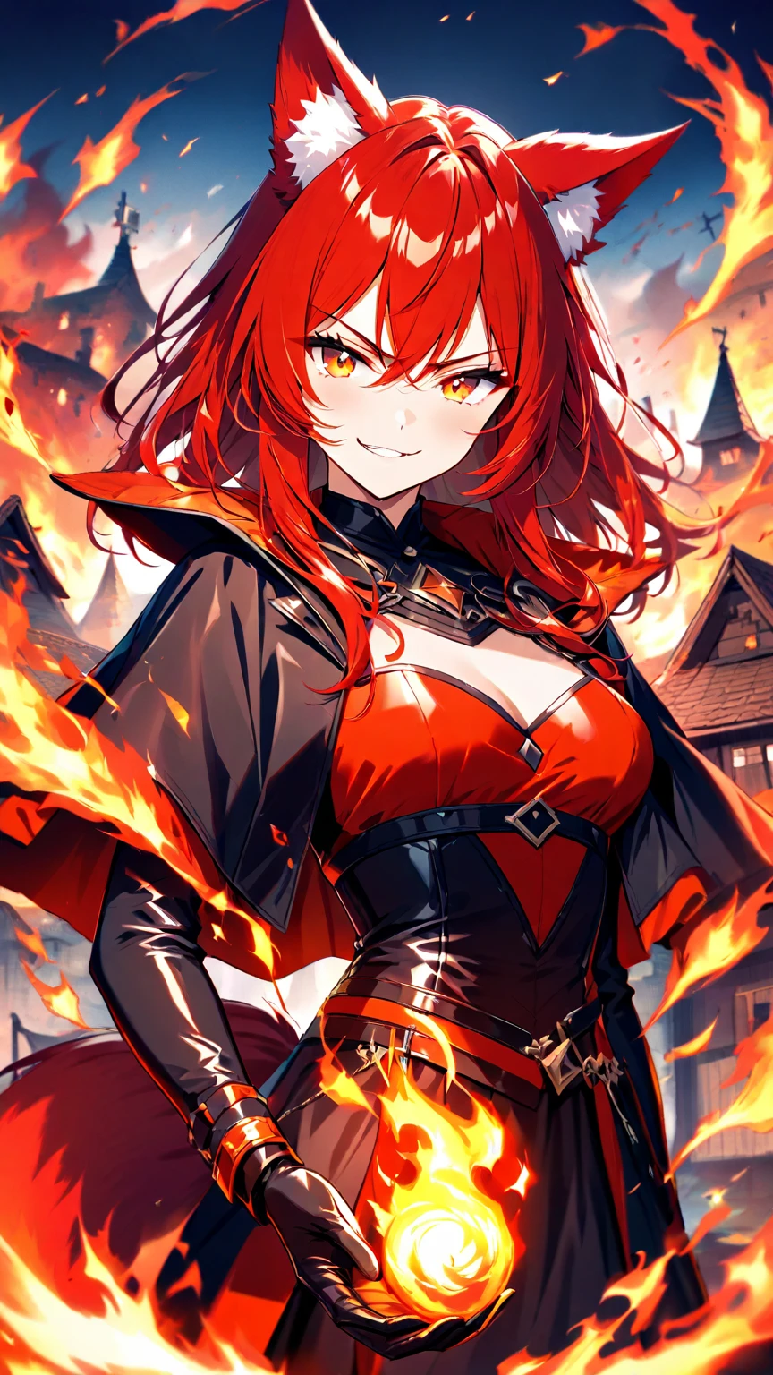 This character is a teenage girl with horns that are 13.2 centimeters high and 1.28 centimeters thick. The horns are located on the upper left side of her head, showing remnants of her previous life as a Hollow helmet. 
Ella tiene corto, rojo y Fuego carmesí

Her hair is short and reaches her shoulders. She has small breasts, approximately 2 and 1.5 centimeters high and 1.10 centimeters thick. She is 20 years a woman in a red and black dress with a veil, gothic maiden anime girl, cute anime waifu in a nice dress, anime girl wearing a black dress, wearing fantasy formal clothing, grayscale phtoto with red dress, an elegant gothic princess, rias gremory, black red white clothes, my dress up darling anime, full body adoptable, outfit design

(Estos tatuajes de cuerpo 8.9 great attention to detail.)  

