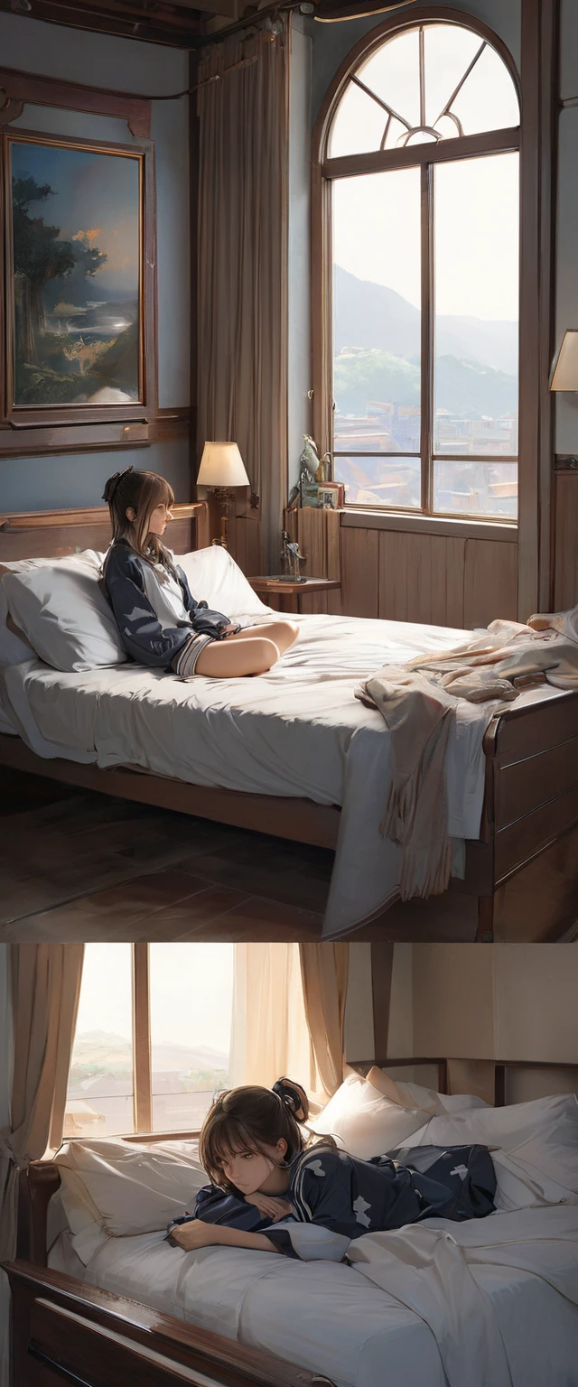 Masterpiece, highest quality, high resolution background, bright and beautiful atmosphere, 3 girls (2 years old, 1 short-tempered round face), 1 (hair, surface effects), small breasts, my room, small room, On the bed, a girl sitting on the bed, a girl holding a smartphone in one hand and looking at the monitor, a dating magazine placed on the bed, "deltamon_sdXL :0.73) >Deltamon