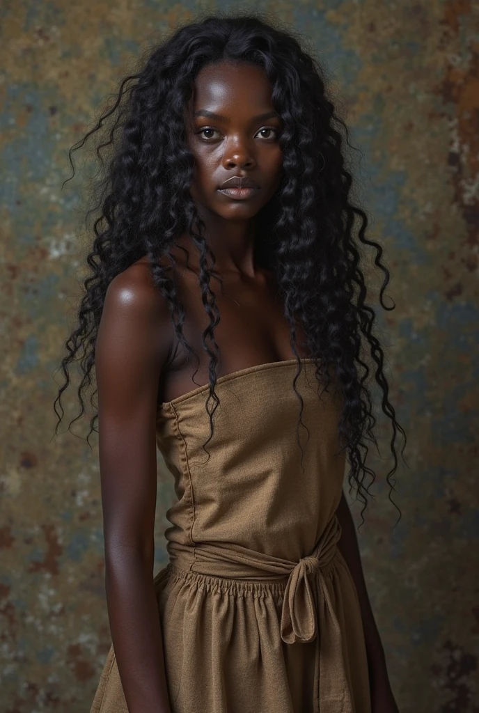 Only one
Only one 
Only one 2 girl with really dark skin 
Really dark skin 
Green eyes 
Long hair with African braids 
Using a torn transparent fabric to cover her breasts 
Using a wolf's skin
