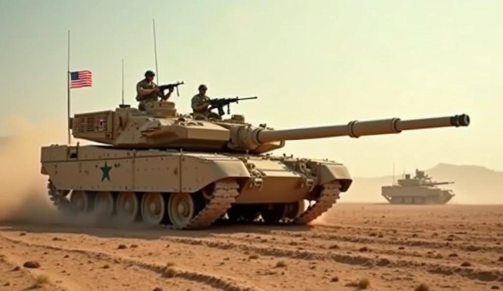 "Military camp adorned with soldiers in Russian uniforms actively undergoing training, a convoy of Russian tanks powerfully traversing the expansive desert landscape while proudly flying flags representing various European nations."