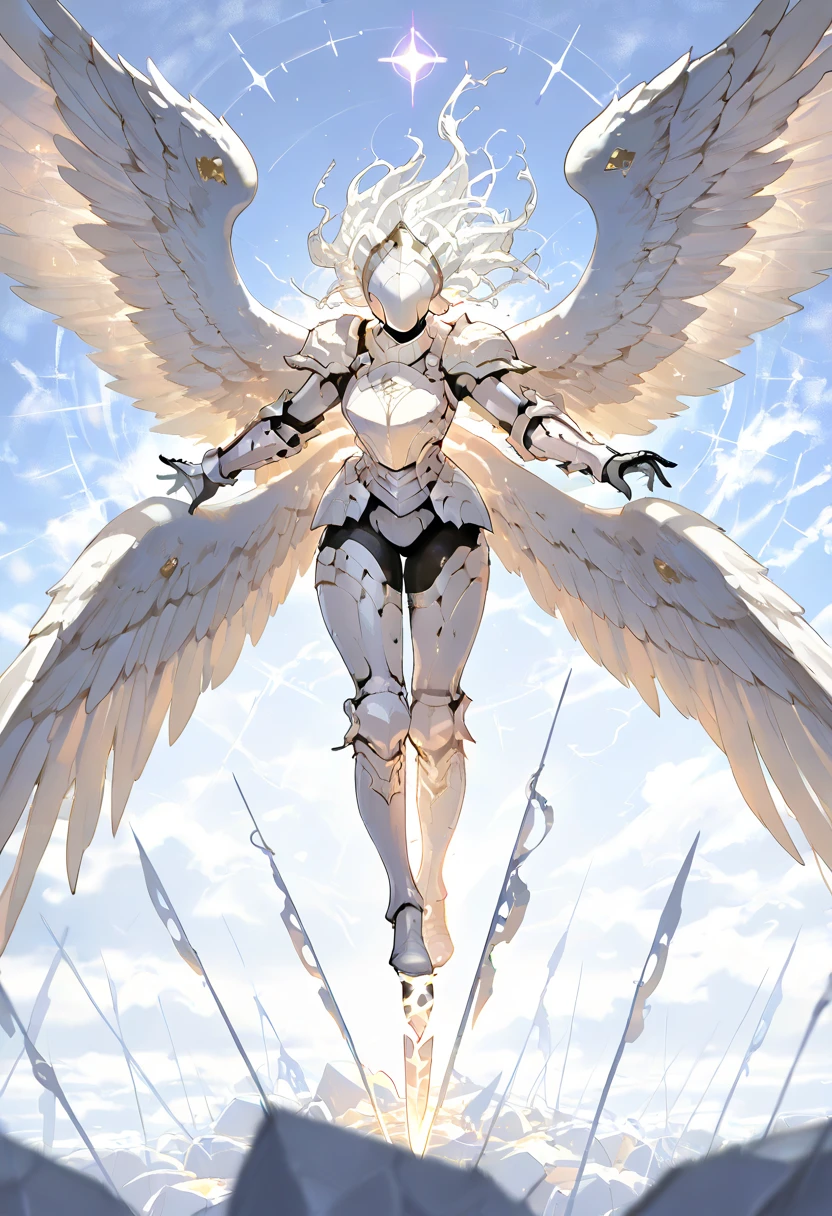 masterpiece, best quality, very aesthetic, absurdres, high resolution, ultra-detailed, newest, scenery, {Prompt}, BREAK, detailed background, detailed hair, depth of field, female, solo, white knight, white armor plates, white skin, organic spear, monster girl, celestial armor, heaven background, huge height, eyeless, great wings, wings of light, organic armor, four arms,