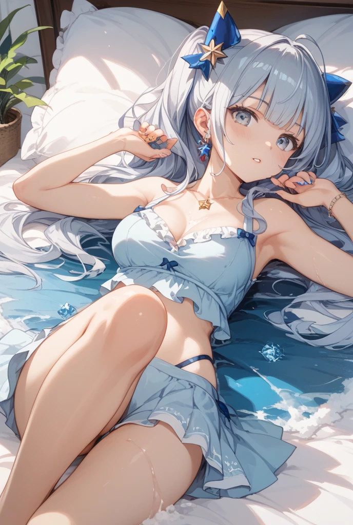 ((best quality, masterpiece, Ultra-high resolution, Super detailed, Reality)), Solitary , White hair,Simple background,Stick out your tongue,blush,Bullied girl,Charming expression,Wearing sexy lingerie,The posture is lying on the ground