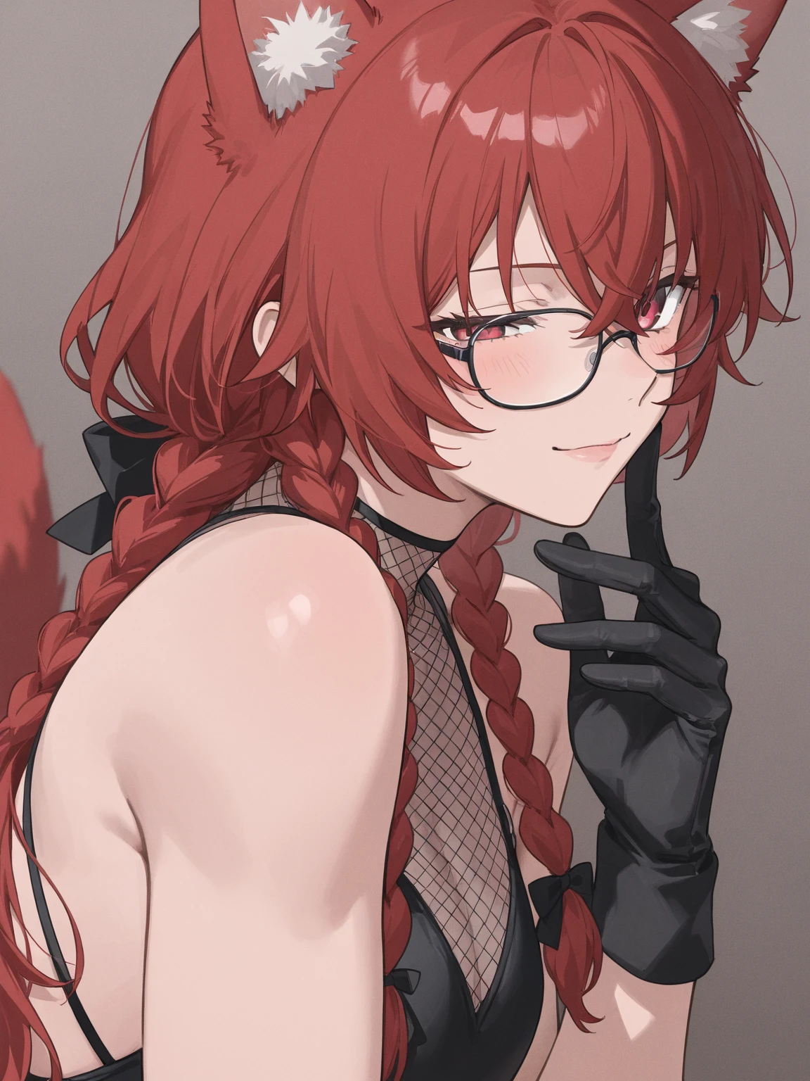 softly toned young adult, small breasts, short scruffy red hair, fox girl, pale blue eyes and black glasses, in a steamy shower wrapped in a towel, wet