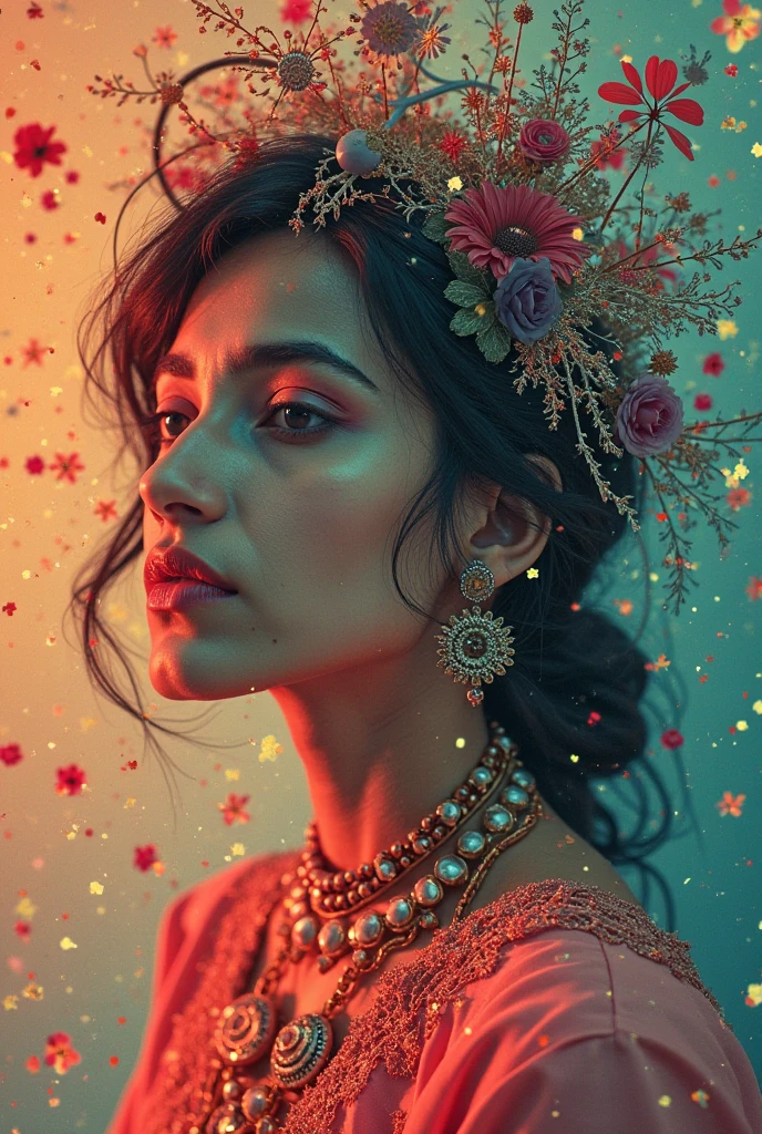 film actress big boobie adah sharma in a fantasy flowers garden she laying on a golden throne, realistic neon eyes, wearing a sexy transparent realistic lingerie, huge jwellery, curvy body, big breast, large cleavage, low lighting, colourfull, sharpen, 70mm lens, f/1.8, accent lighting, global illumination, --uplight --4, 8K