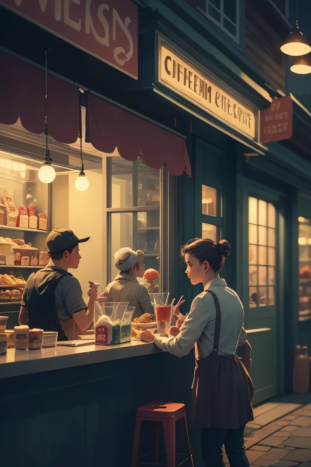 Inspired by Edward Hopper's 'Nighthawks,' this scene depicts an ice cream parlor immersed in the nocturnal quiet of a deserted city. Behind a large glass window, the shop emanates a warm and welcoming light, in stark contrast to the dark and streets outside. The long counter recalls the diner in the original painting, but instead of coffee and sandwiches, here they serve scoops of ice cream in unreal colors and impossible flavors. The customers, absorbed in their thoughts, enjoy cones that evoke childhood memories—summer adventures, forgotten flavors, the sweetness of a time gone by. The ice cream man, silent and precise in his gestures, contributes to the suspended, almost cinematic atmosphere, making this place a magical refuge in the night