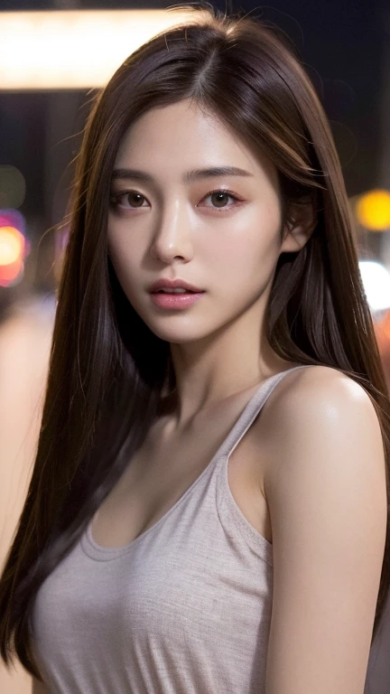 1girl, beautiful detailed eyes, beautiful detailed lips, extremely detailed face and portrait, natural skin, wearing deep v-neck hot sexy blouse and puta dress, charming long black hair, (blonde hair tips), city street background, bokeh, full body, large breasts, (best quality,4k,8k,highres,masterpiece:1.2),ultra-detailed,(realistic,photorealistic,photo-realistic:1.37),vivid colors,studio lighting