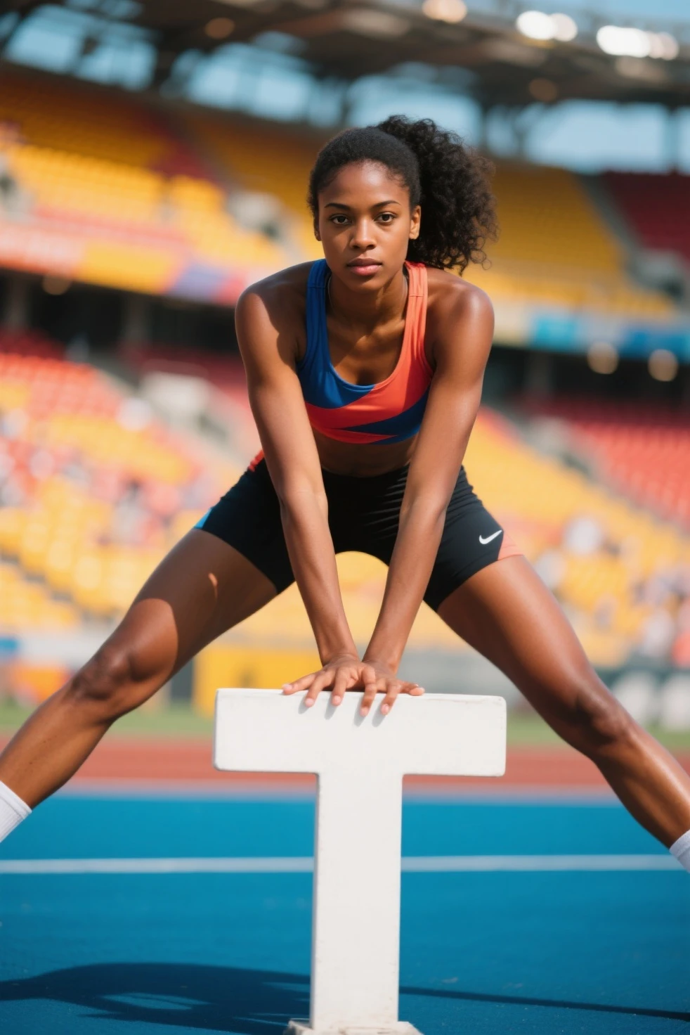 full body,photo of a 18 year old girl,hurdle race,jumping,shirt,pants,ray tracing,detail shadow,shot on Fujifilm X-T4,85mm f1.2,depth of field,bokeh,motion blur,<lora:add_detail:1>,