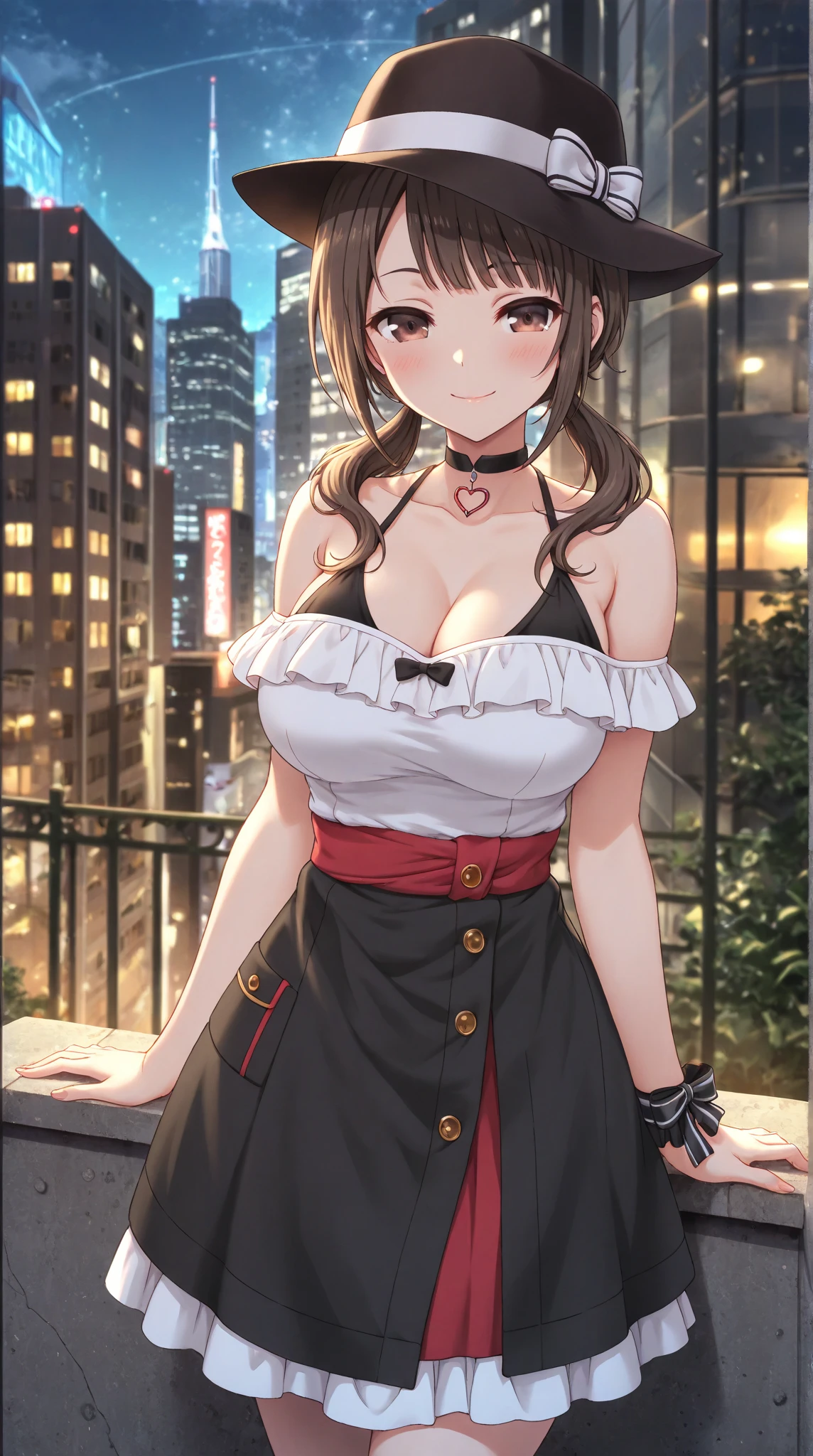 (masterpiece:1.3, Highest quality, Ultra-high resolution, Very detailed), (Realistic, photoRealistic:1.4), Beautiful illustrations, Perfect lighting, Natural light, colorful, Written boundary depth, Surrealism,
Beautiful detailed hair, Beautifully detailed face, Beautiful attention to detail, Beautiful clavicle, Beautiful body, Beautiful breasts, Beautiful thighs, Beautiful legs, Beautiful fingers, 
View your audience, 1 Girl, Japanese, high school girl, (Perfect Anatomy, Anatomically correct), Cute and symmetrical face, Baby Face, Perfect Face, Perfect Eyes, Shiny skin, 
(Medium Hair:1.8, Side Ponytail:1.1, (Chestnut Hair)), Hair between the eyes, (Golden Eyes), Slanted Eyes, Long eyelashes, (Large Breasts:0.8, Captivating thighs), 
((Trump Patten Red Gown, Black tube top, Black patent leather shorts, Black Choker, 2 Brown Belt), Yellow hair scrunchie), 
(Beautiful views), summer, evening, (Downtown), Very sexy, (Cute Smile, Upward glance),