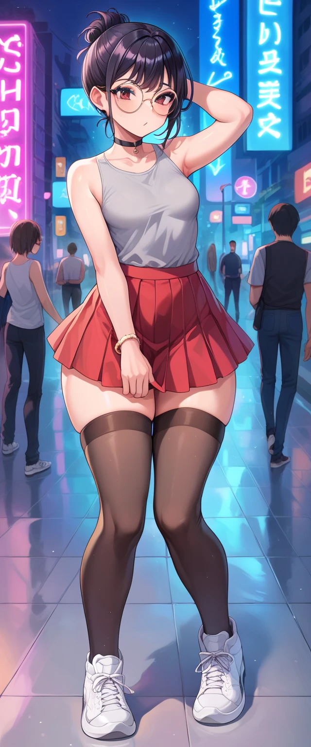 nobarakugisaki, nobara kugisaki, bob cut, (brown eyes:1.7), brown hair, lips, short hair,
BREAK belt, brown belt, brown pantyhose, crop top, crop top overhang,pantyhose, pleated skirt, shirt tucked in, skirt, blue skirt, white crop top,wet top,
BREAK looking at viewer,in street,night,neon lights,cyberpunk,wet road,reflections,
BREAK (masterpiece:1.2), best quality, high resolution, unity 8k wallpaper, (illustration:0.8), (beautiful detailed eyes:1.6), extremely detailed face, perfect lighting, extremely detailed CG, (perfect hands, perfect anatomy),full body,from below,bend over,nipples see through,upskirt,panties,
