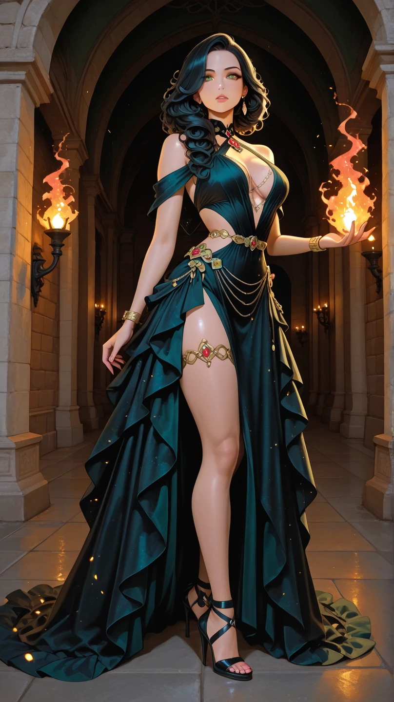 high res, HD, 4K, masterpiece, absurdres, high details, sfw, 1 girl, full body, small woman, royal palace background, royal gala, royal dance, royal ball, beautiful eyes, small chest, mischievous, elegant, enticing, extremely detailed face, pretty face, perfect face, adult face, mature face, milf face, adult body, green emerald eyes, foxy mature eyes, adult milf eyes, extremely detailed eyes, long eyelashes, eyeliner, frowned eyebrows, smirk smile, malicious smile, sly smile, closed mouth, full lips, brown hair, straight hair, straight bangs, shoulder length hair, hair cut at her shoulders, medium length hair, hourglass body, small boobs, small breasts, large hips, big butt, large ass, thick thighs, chubby belly, pierced ear, piercing on ears, pretty hands, perfect hands, detailed hand, long royal dress, long siren dress, golden ornaments