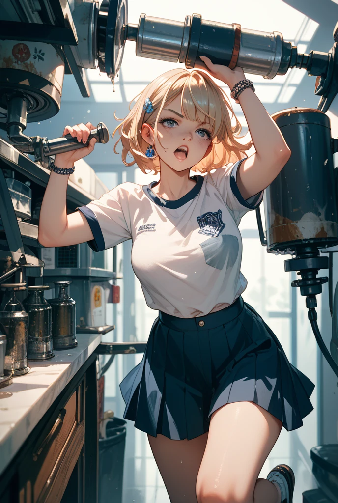 Photo Real, Young girl, High detail, high quality, masterpiece, (Small breasts)), at school, Ultra-short , One Girl, anime、Hold a condom in your mouth、A defiant smile、Lifting her skirt, a dark alley、Sit on the air conditioner's outdoor unit