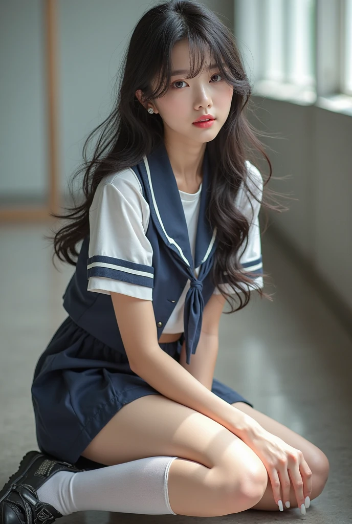nsfw, 4k, 8k, 16k, masterpiece, best quality, ultra high res, High detail RAW color photo, professional photograph, (realistic, photo realistic), depth of field, Lens Glow, Sony α7, 35mm, f1.8, knees to chest, 17 years old 1 school girl, (high detailed cute face:1.1), high detailed eyes, big eyes, Brown hair, long hair,  (tight sailor uniform), (mini-skirt), hugging own legs, (panty shot:1.1), (white panty:1.1), highly detailed background, classroom, open window, curtains, Sunlight shining through, The winds are blowing
