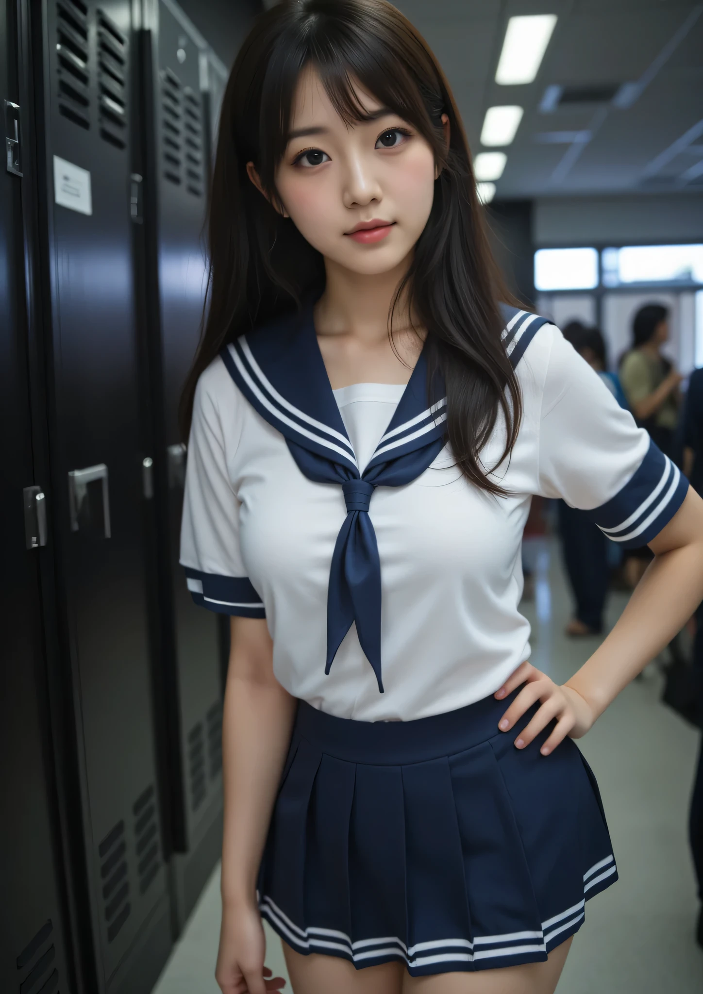 white shirt、high-school uniform、large full breasts、Dark blue mini skirt、Classroom