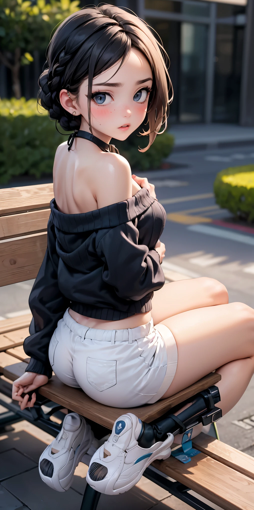 master piece,best quality,ultra detailed,cute girl(21year old),like ren、wearing latex white shorts(((Buttocks emphasized backwards 、sitting on a bench)))realistic face、sweated、(black braided hair、)tomboy、(wearing a blue off-the-shoulder summer sweater)、sexy pose、I'm looking at this、embarrassed expression、blush、Moisturizing pink lips、,Sci-fi futuristic room background