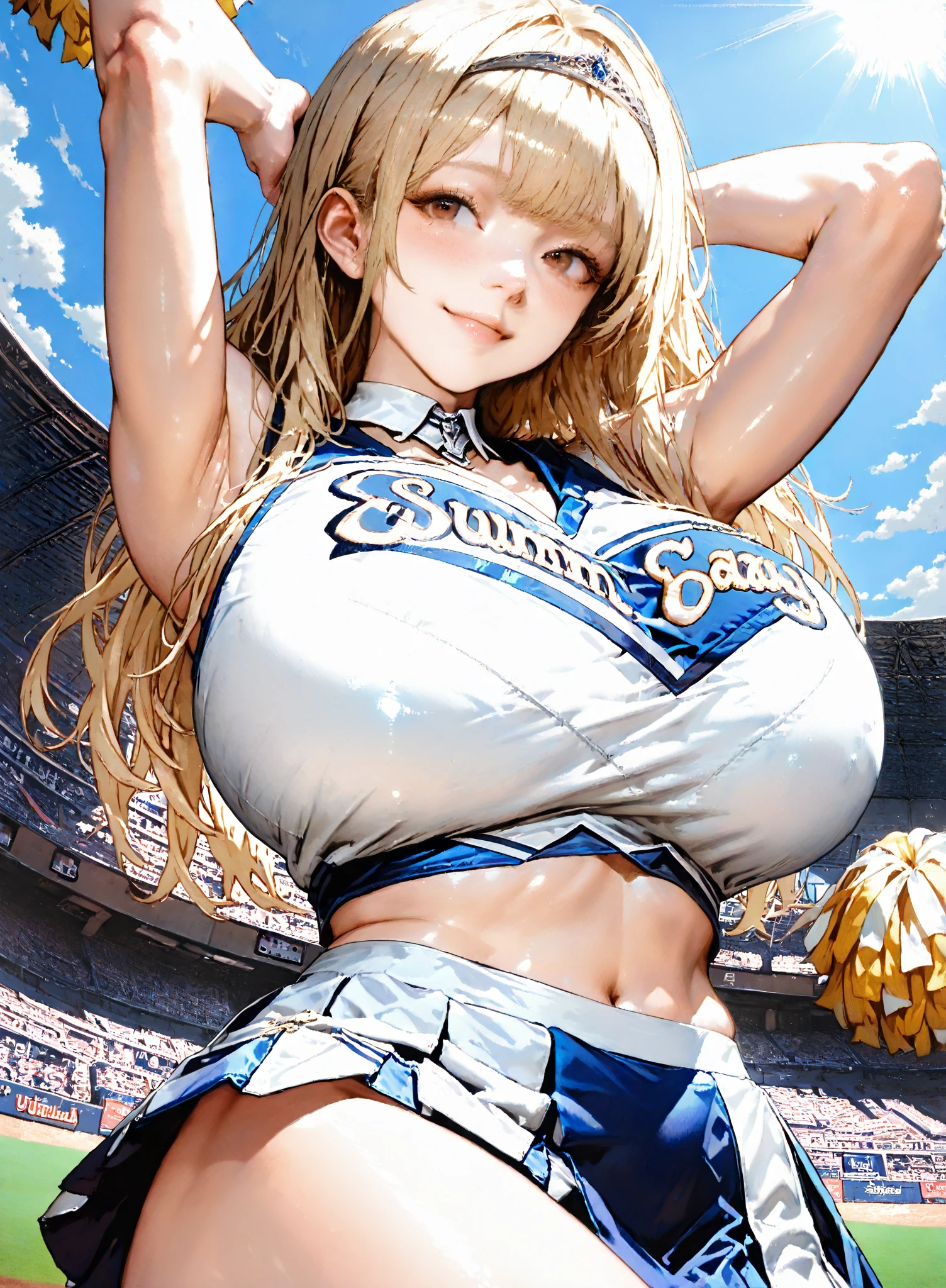 sagging breasts,mature female,smile,huge breasts, gigantic breasts,long breasts, (((face focus))),cowboy shot,Cheerleader