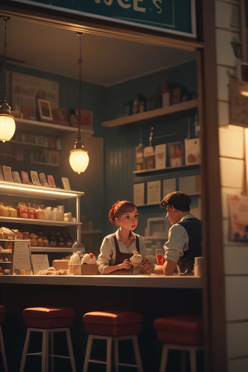 Inspired by Edward Hopper's 'Nighthawks,' this scene depicts an ice cream parlor immersed in the nocturnal quiet of a deserted city. Behind a large glass window, the shop emanates a warm and welcoming light, in stark contrast to the dark and streets outside. The long counter recalls the diner in the original painting, but instead of coffee and sandwiches, here they serve scoops of ice cream in unreal colors and impossible flavors. The customers, absorbed in their thoughts, enjoy cones that evoke childhood memories—summer adventures, forgotten flavors, the sweetness of a time gone by. The ice cream man, silent and precise in his gestures, contributes to the suspended, almost cinematic atmosphere, making this place a magical refuge in the night