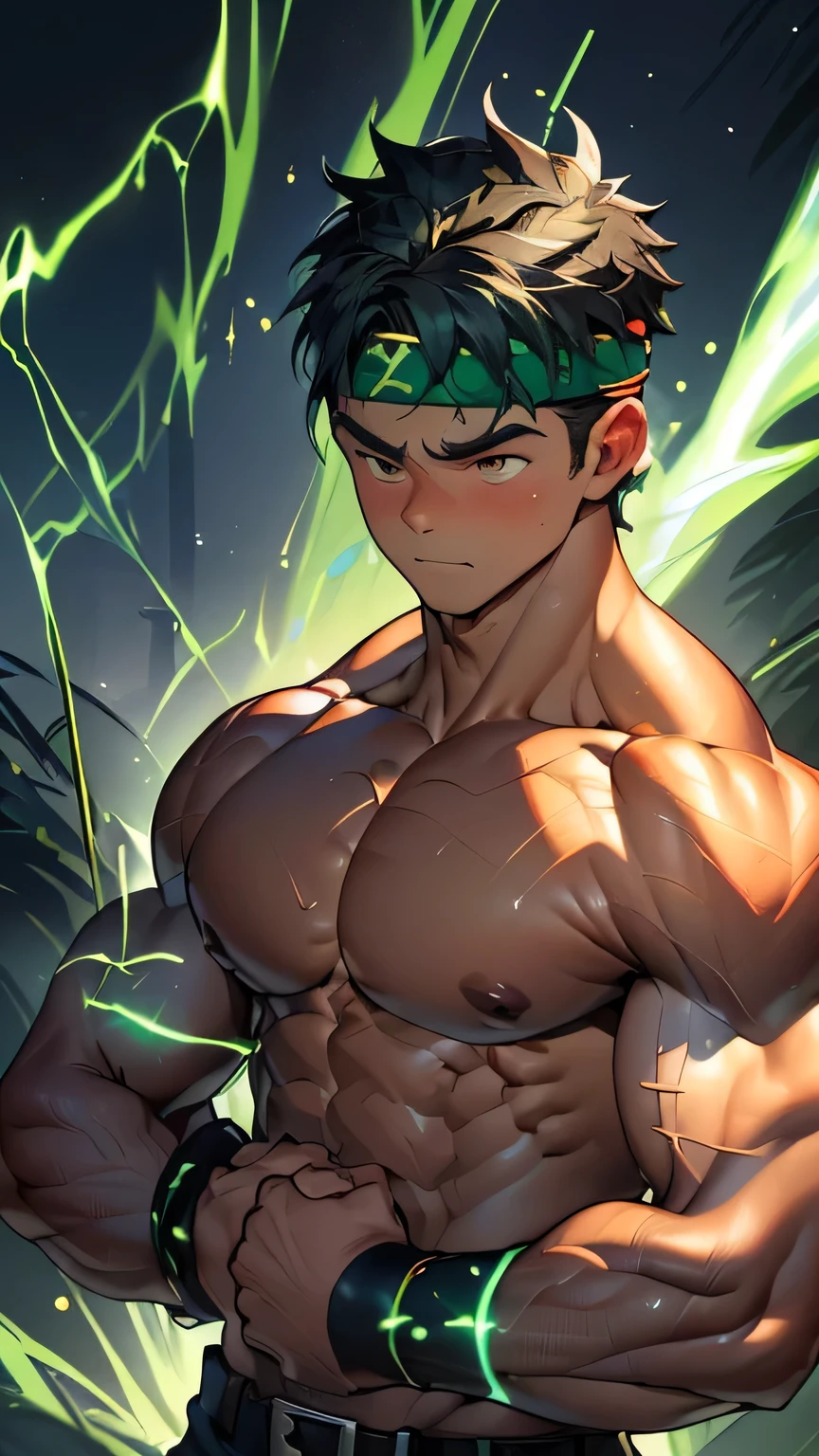 ((masterpiece, best quality, Score_9, Score_8_up, Score_7_up, Score_6_up, Score_5_up, Score_4_up)), (((((upper body))))), (worm eyes, Young guy, muscler, topless), ((((1boy, solo, flesh, tough, reliable, developed body, reliable, toned body)))), (Dark Short straight hair, ((almost completely shaved hair)), under cut), (((red headband, black wristband, belt, boots))), Vivid colors, ((big breast:1.2, big shoulder:1.2, muscular body, sturdy body, defined round and fleshy pecs, defined round and fleshy ABS, defined round and fleshy armsmuscular:1.2, well-defined muscles, developed body, toned weist, shouldermuscler:1.2)), muscler!, muscler body, detailed face, detailed muscle, (((rippling muscles, Flowing energy, giving off an aura of holy power, Include intense special effects such as bursts of light, energy waves, and wind to emphasize the power of his magic. Highlight his aura, blue and green aura effect, energy stream, holding aura energy)))