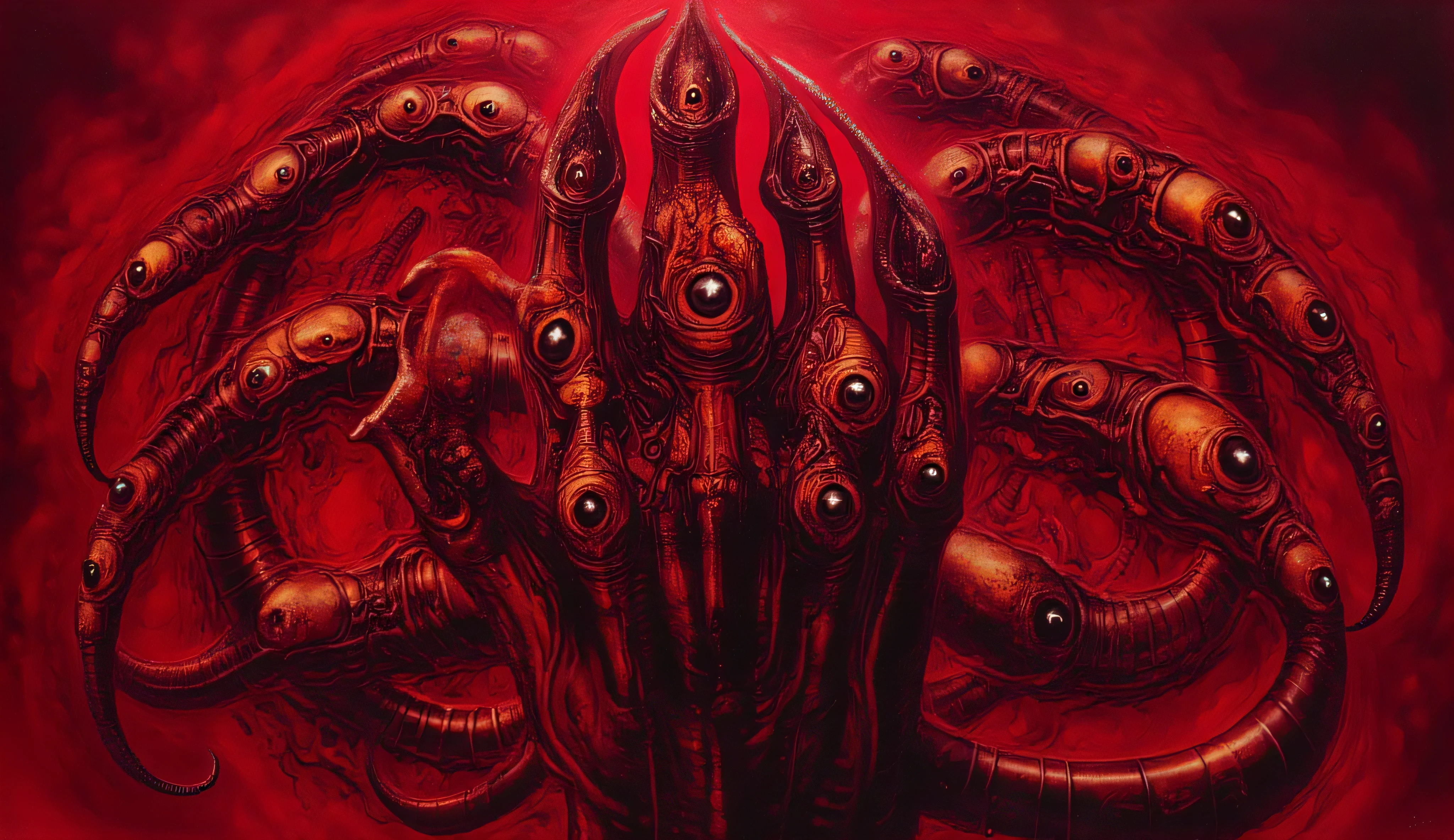 Logo. maximalism. drawing. A black human hand covered with eyes. the hand is clutched by thin tentacles. blood-red background. horror